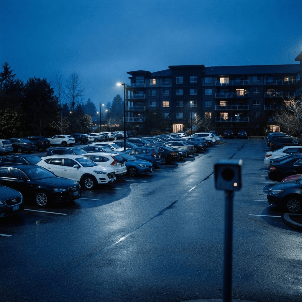 A private parking lot at dusk monitored by a license plate recognition camera