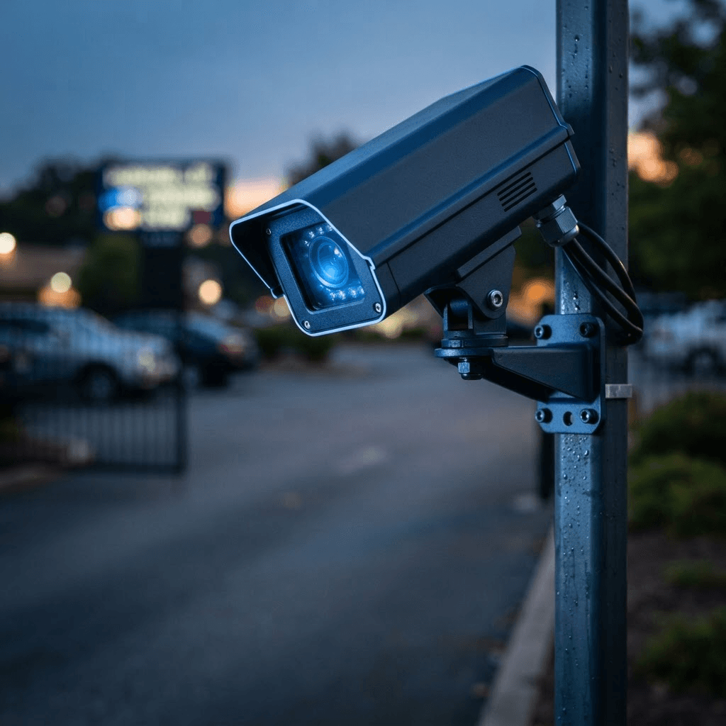 The Lucerne Sentinel license plate recognition camera mounted at a parking lot entrance
